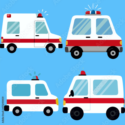 A collection of stylized ambulance vehicle illustrations for emergency medical services and healthcare concepts, showing four cartoon rescue trucks