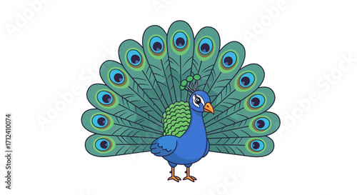 Elegant cartoon peacock displaying its vibrant fanned tail feathers, a beautiful concept of pride and natural wonder isolated on a white background
