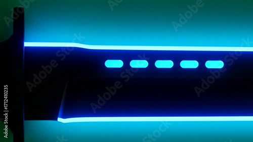 A sleek, futuristic knife glows with vibrant blue light against a deep green backdrop.