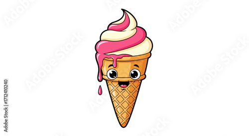 Vibrant vector illustration of a charmingly happy and slightly melting ice cream cone character with a delightful pink and white swirl, perfect for conveying sweet joy and summer fun