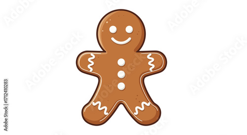 Cute gingerbread man cookie with white icing decoration, isolated on white background - festive holiday treat