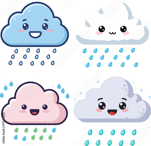 Cute kawaii cartoon clouds with smiling faces raining and snowing, whimsical weather illustrations
