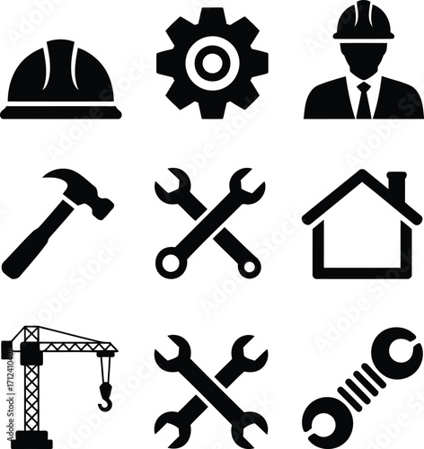 Construction Industry Icons Set Featuring Safety Gear, Tools, Building and Machinery Symbols Presenting a Visual Representation of Construction