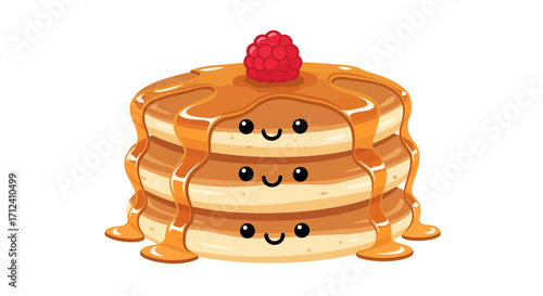 Sweet and adorable kawaii pancake character concept. A happy stack of pancakes covered in syrup and topped with a raspberry for a delicious breakfast