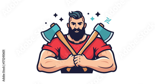 A strong bearded lumberjack holding two axes behind his back.