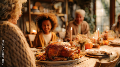 Thanksgiving dinner with family. A warm inviting Thanksgiving scene features a roasted turkey on a table, a family gathering around a wooden table, creating a sense of togetherness and celebration.