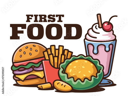 Fast Food Logo Vector with Burger Sandwich and French Fries Ice-cram Design, food, hamburger, fast food, sandwich, pizza, restaurant, design, set.