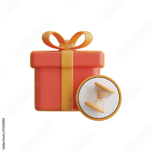 Orange gift box with ribbon and hourglass icon for time sensitive presents vector