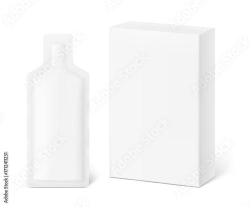 Sachet bag with paperboard box mockup for energy gels, sport nutrition, cosmetics, food. Vector illustration isolated on white background. Can be use for template your design. EPS10.