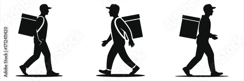  Food Delivery Courier Silhouette Vector Set. Man Walking with Insulated Backpack Bag. Icons for Takeaway Restaurant, Online Ordering App, and Logistics Service Design.