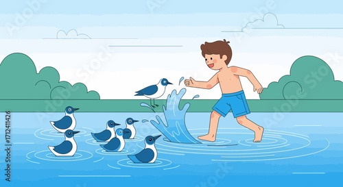 A Playful Child Interacting With Birds In a Watery Environment Cartoon Illustration