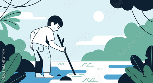 A Boy Stirs A Still Body Of Water Depicting Curiosity And Exploration In Nature's Embrace