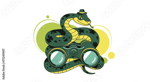 A Playful Snake Observes The World Through Binoculars Under The Shadow of a Hat