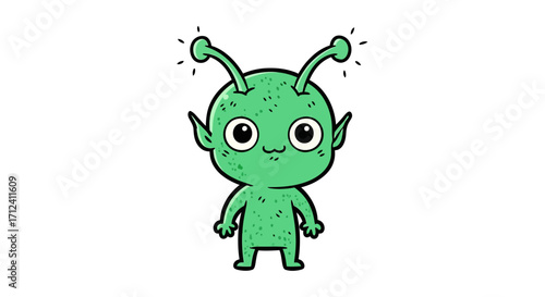 Cute Cartoon Alien with Big Eyes and Antennas, Isolated on White Background