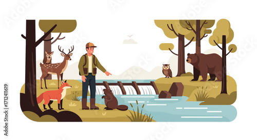 A Cartoon Illustration Featuring A Woodsman and Forest Creatures Next To A Water Feature