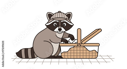 A Charming Raccoon Engaged In A Picnic, Enjoying Food And His Time Outdoors