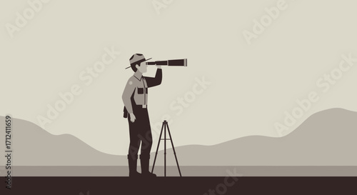 A Ranger Observes The Landscape With A Telescope For Environmental Conservation And Protection