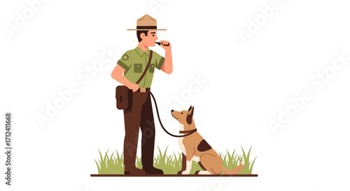 A Ranger Trains a Dog With a Whistle in a Field Promoting Obedience and Partnership
