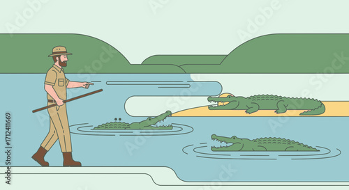 A Ranger Observing Alligators in a Lake, Illustrating Wildlife Observations Carefully