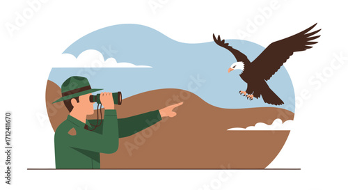 A Ranger Observing Wild Birds With Binoculars While Pointing Towards An Eagle