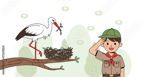 A Scout, Stork and Nest Building Depicted in a Whimsical Illustration for Children