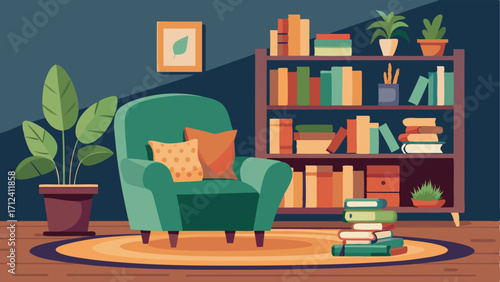 A cozy reading corner with a velvet armchair and a builtin bookshelf. The shelves are filled with a mix of books plants and treasured trinkets while a woven rug covers the hardwood