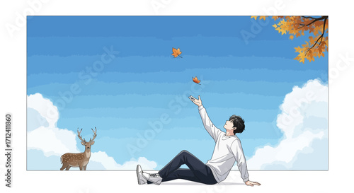 A Serene Autumn Scene Featuring A Young Man Reaching For Falling Leaves with a Deer