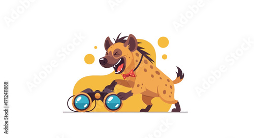 A Cheerful Hyena Wearing A Bowtie And Viewing Through Binoculars Is Smiling Widely