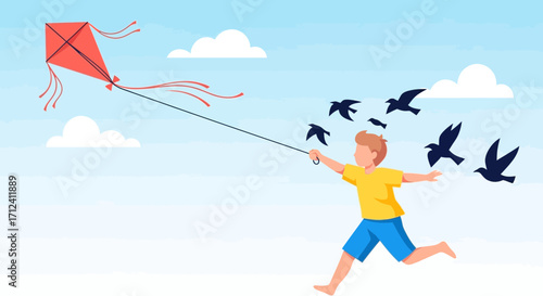 A Cheerful Lad Running With a Kite, Symbolic of Freedom, Joy and the Open Sky