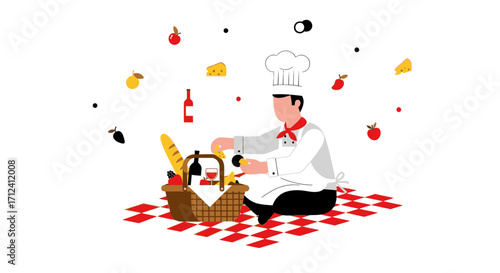 A Chef Prepares Food For An Elegant Picnic Surrounded by Cheese, Fruit, and Wine
