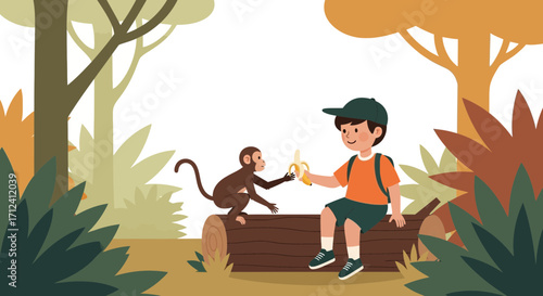 A Smiling Boy Shares Banana With Monkey, Jungle Setting Displaying Friendship Bond