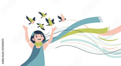 A Child Embracing Freedom With Joyful Birds and Colorful Streamers Flying Towards