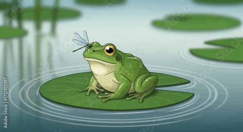 A Smiling Frog Perched On A Lilypad, With A Dragonfly Resting On Its Head