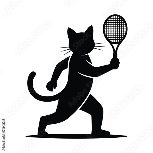 Playful cat in silhouette holding a tennis racket ready to play silhouette