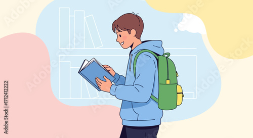 A Student Is Reading A Book With Enthusiasm And Happiness In The Library
