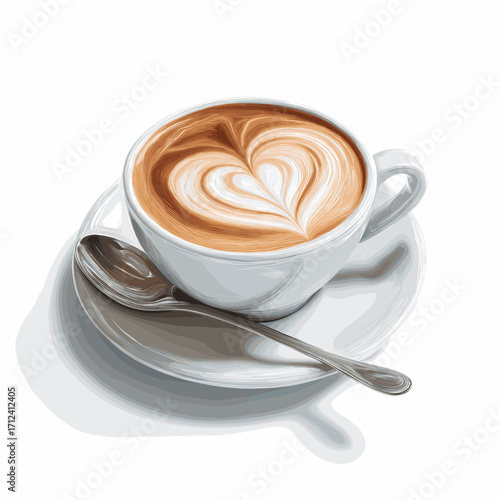 An artistic illustration of a warm and inviting cup of cappuccino with creamy heart-shaped latte art, symbolizing a cozy morning ritual and love for coffee