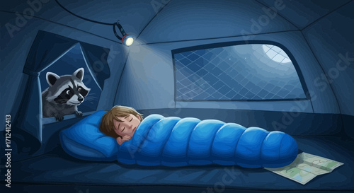 A Tender Scene: A Boy Sleeping Securely in a Tent with a Curious Raccoon Watching Over