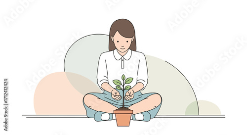 A Thoughtful Woman Nurtures a Seedling in a Pot with Delicate Care and Patience