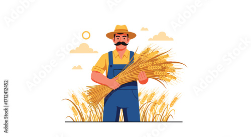 Farmer holding harvested wheat in a field during the day.