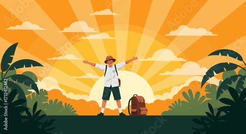 A Traveler Celebrating Victory During Sunrise in Tropical Lush and Adventurous Environment