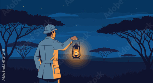 A Traveler Explores The African Savanna With A Lantern During The Night Hours Period
