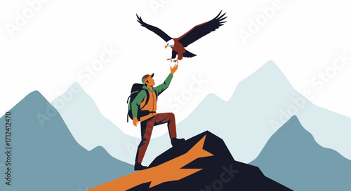 A Climber Reaching Out To An Eagle On A Mountain Peak Illustrative Design
