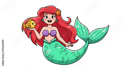 Illustration of a Mermaid Holding a Goldfish with Red Hair
