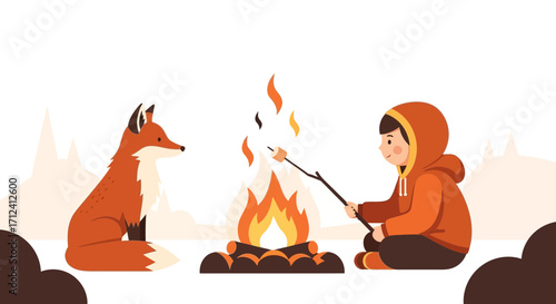 A Warm Night: Fox Watches Child Toast Marshmallow Around a Campfire Scene