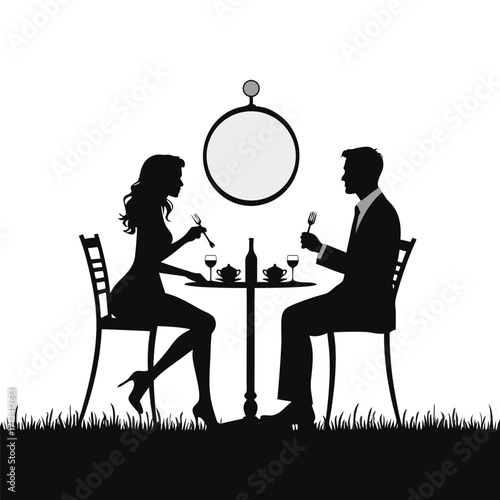 Couple dining at table with wine and grass silhouette