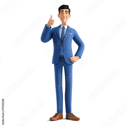 A professional man in a blue suit giving a thumbs-up gesture of approval, symbolizing success and positive results