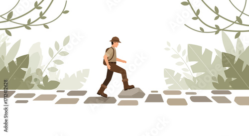 A Courageous Explorer Wandering Through Lush Vegetation With A Backpack And A Hat