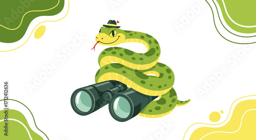 A Whimsical Snake Observing Through Binoculars In A Decorative And Creative Illustration