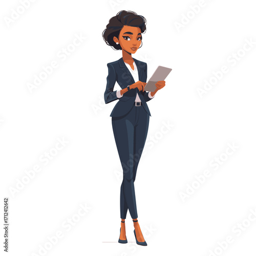 Modern vector illustration of an empowered Black woman in a business suit, confidently holding a tablet. Professional corporate character