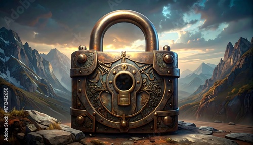 Ornate lock on a mountaintop